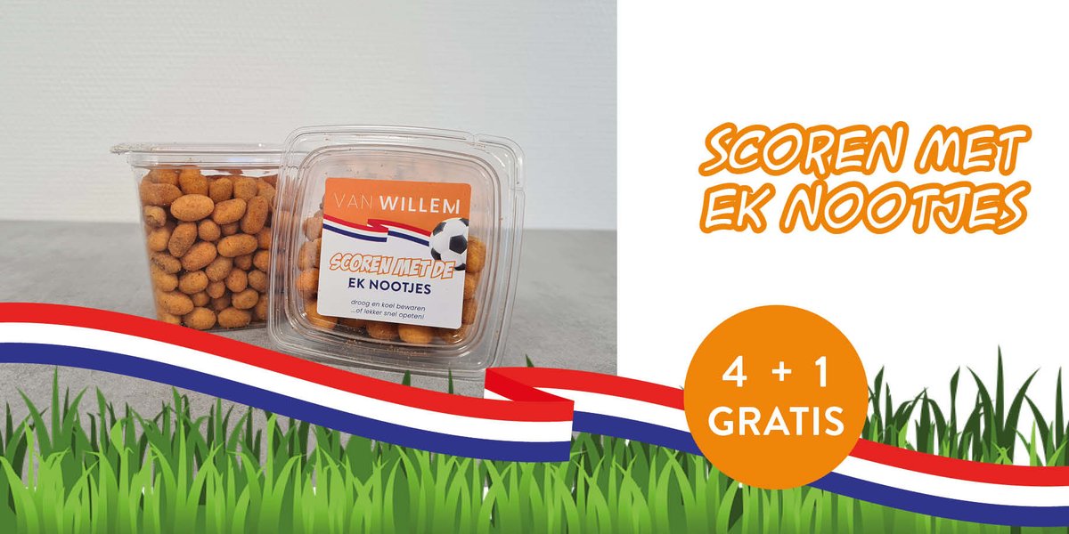 SCOREN MET EK NOOTJES⚽!
'Ons oranje' heeft zich als groepswinnaar geplaatst voor de achtste finales. Dus voorlopig kunnen we nog volop genieten van "ons oranje". Wees goed voorbereid en bestel daarom op tijd de unieke "Van Willem" nootjes, want daar kun je mee scoren dit EK!