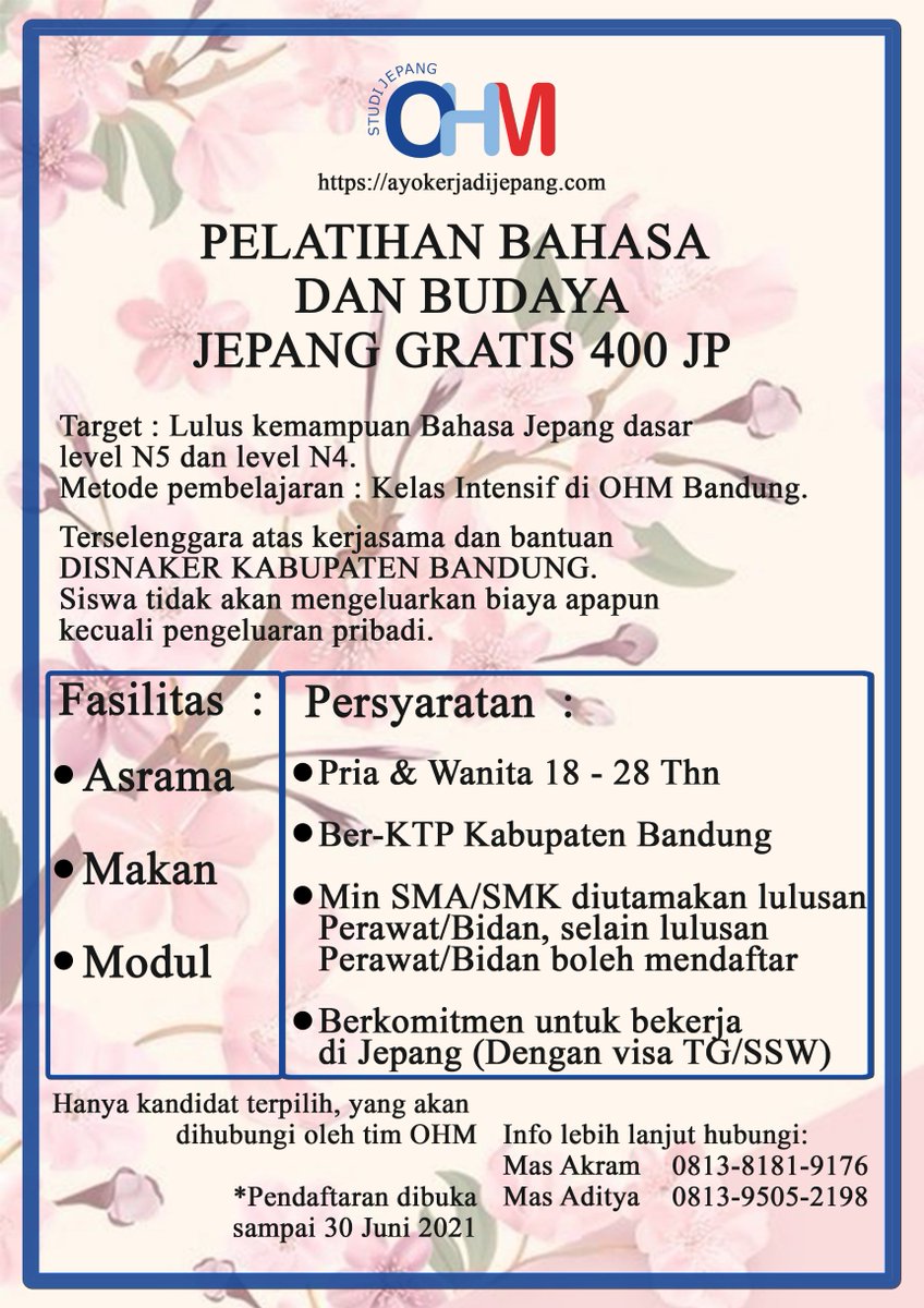 Program pelatihan bahasa Jepang GRATIS! Khusus bagi yang ber-KTP Kabupaten Bandung (diutamakan lulusan perawat/bidan)!
#OHM #OHMStudiJepang #BelajarbahasaJepang #BelajarbahasaJepangGRATIS #BahasaJepang