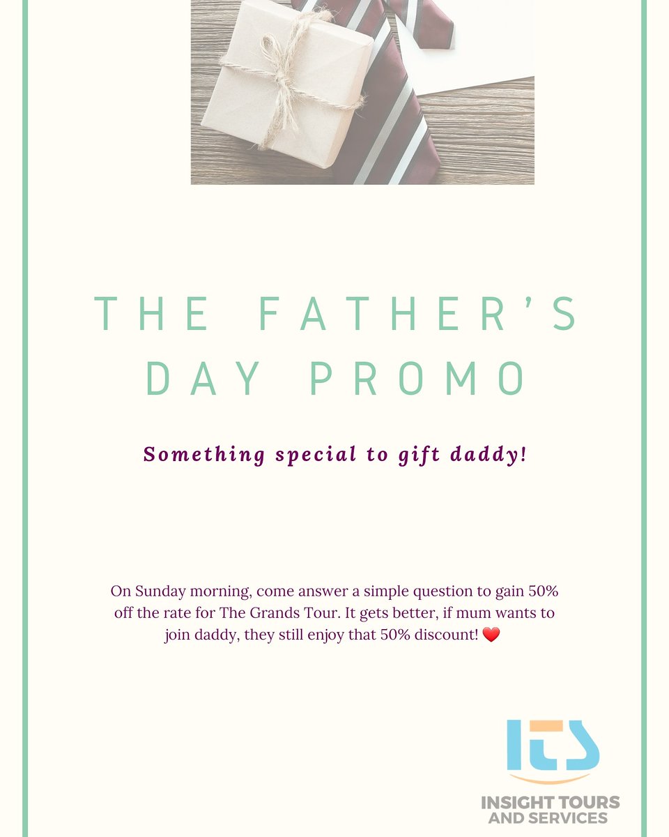 InsightToursSer's tweet photo. Father's Day Promo! You know he deserves some relaxing!! 🔥

#thegrandstour #seniortrip #exclusive #centralregion #july  #hanscottagebotel #relaxation #funadventures #networking #discoveringnewinterests #grouptours #roadtrips #smarttravel #easygoing #insightoursservices ❤🇬🇭 https://t.co/5JcVHV3ltI