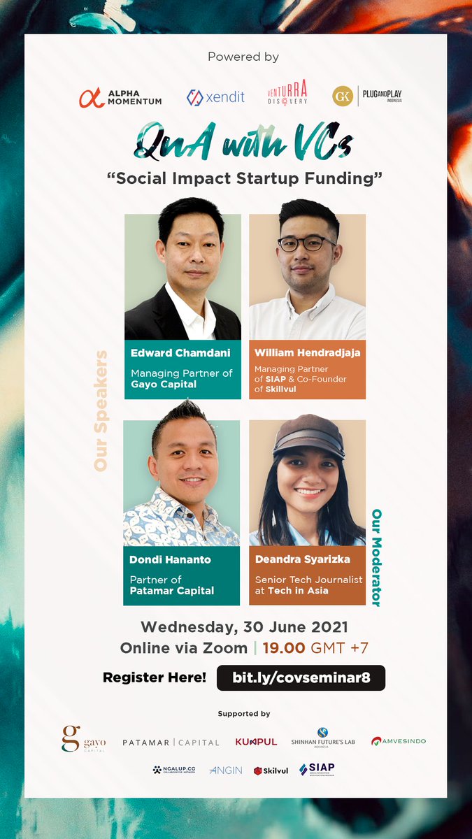 Memanggil semua #QuarantineHustlers untuk bergabung di sesi ke-8 Q&amp;A bersama Venture Capital!

QnA with VCs dan expert lainnya kembali lagi dengan tema baru: Social Impact Startup Funding

Daftar segera di bit.ly/covseminar8

#socialimpact #kumpul #venturecapital