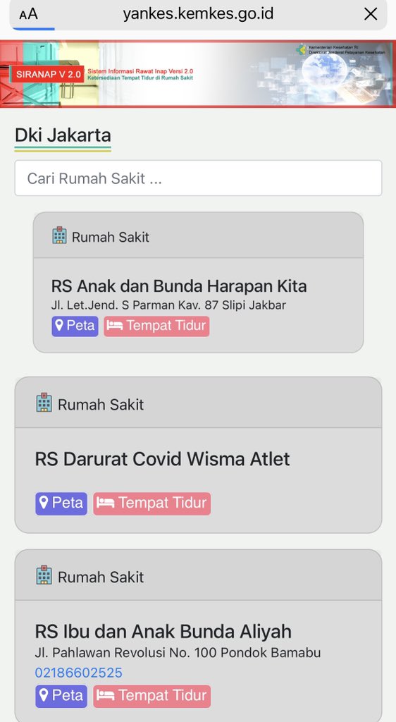 CherylTanzil's tweet photo. https://t.co/xKJq49UdVA

Ini tautan link utk mencari RS kosong utk Covid &amp; non Covid, disimpan dan dishare ya teman2 ya, barangkali ada yg membutuhkan. Kalo error coba refresh atau klik “back” dan coba lagi. Tadi udah coba 3x bisa kok, meski belum berhasil dapat bed kosong. https://t.co/3ot4yN7tv3