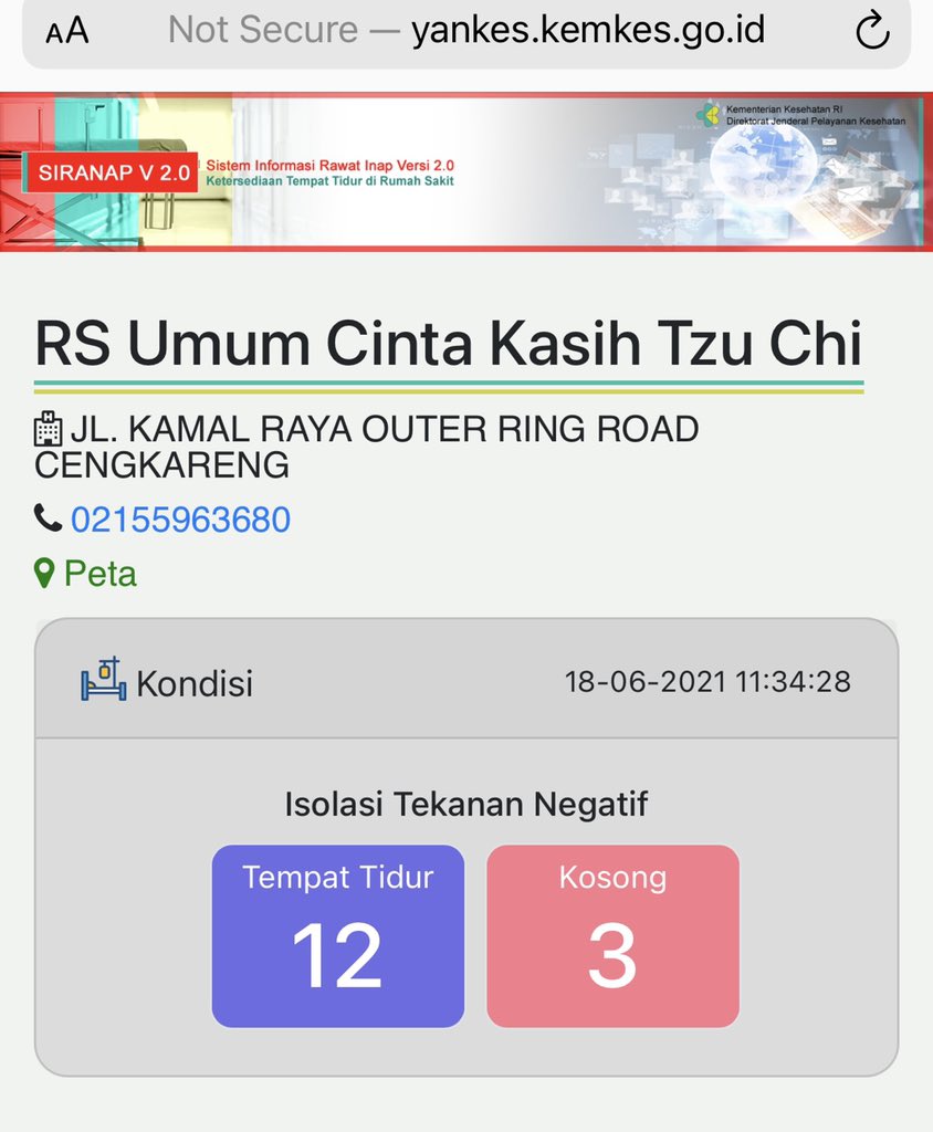 CherylTanzil's tweet photo. https://t.co/xKJq49UdVA

Ini tautan link utk mencari RS kosong utk Covid &amp; non Covid, disimpan dan dishare ya teman2 ya, barangkali ada yg membutuhkan. Kalo error coba refresh atau klik “back” dan coba lagi. Tadi udah coba 3x bisa kok, meski belum berhasil dapat bed kosong. https://t.co/3ot4yN7tv3