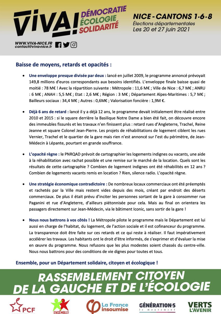 🔴 La rénovation urbaine quartier Notre Dame : baisse de moyens, retards et opacité !

❌ 6 ans de retard
❌ Enveloppe financière quasiment divisée par deux
❌ Manque de transparence

✅ Pour des conditions de vie dignes pour toutes et tous

#Départementales2021 #Nice06