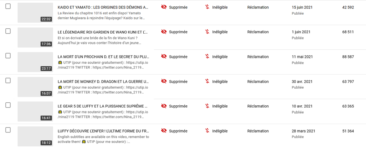 Nina_2119's tweet photo. Dans la nuit ma chaine a pris 3 strikes et 13 vidéos ont été supprimées.
Il s'agirait de la fausse Toei puisque l'adresse ayant envoyé la réclamation n'est pas officielle (copyright_notice2@toei-anim.co.jp)

Il faut vite agir car dans 7 jours ma chaine sera supprimée @TeamYouTube https://t.co/Ny7grl4xvL