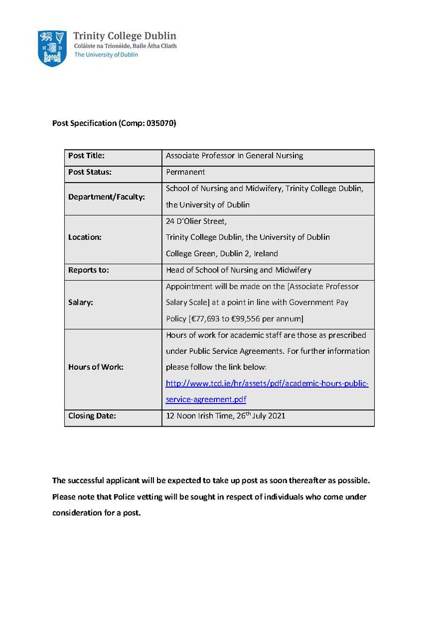 *Job Opportunity* 

#Wearehiring an Associate Professor In General Nursing at the School of Nursing &amp; Midwifery <a href="/tcddublin/">Trinity College Dublin</a>  

Closing date: 26-Jul-2021 12:00

Apply at: jobs.tcd.ie search ID: 035070

#AcademicChatter #researchmatters #jobfairy