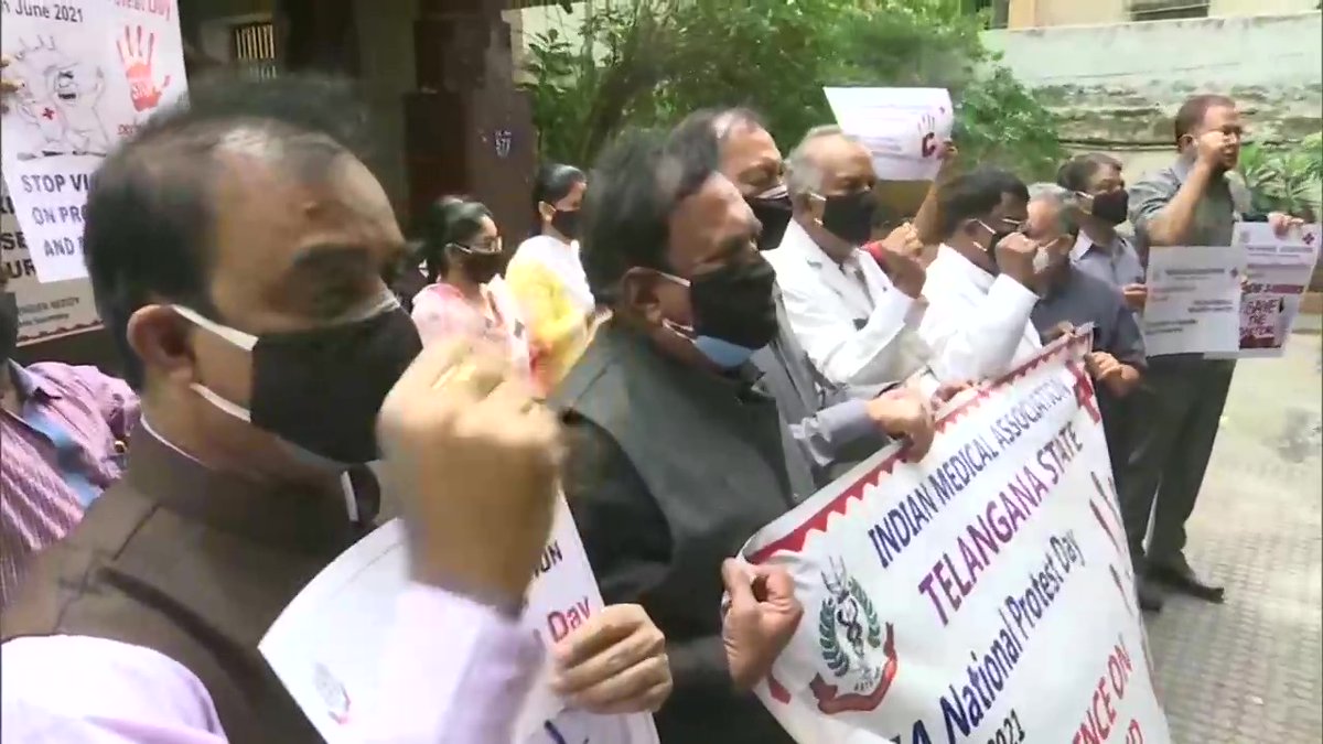 ANI's tweet photo. Telangana: Indian Medical Association (IMA) staff and doctors protest at the IMA office in Hyderabad. The Association is conducting a nationwide protest today, demanding a central law to protect doctors against violence. https://t.co/KSMzl6ide3