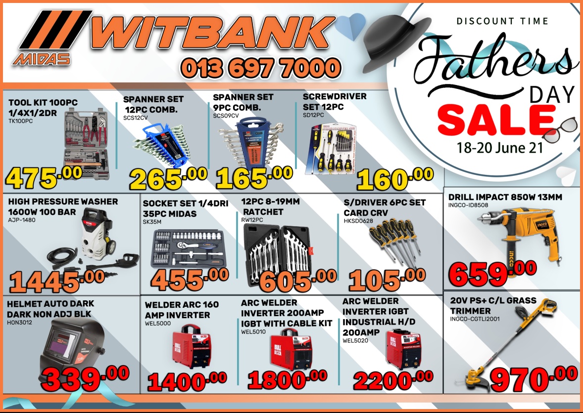 spareswisewtb's tweet image. Father&apos;s Day SALE at Midas Witbank!
Prices valid 18-20 June 2021!
#toolkit #tools #spannerset #ScrewdriverSet #pressurewasher #socketset #ImpactDrill #weldinggear #grasstrimmer #witbankmidas #fathersdaysale