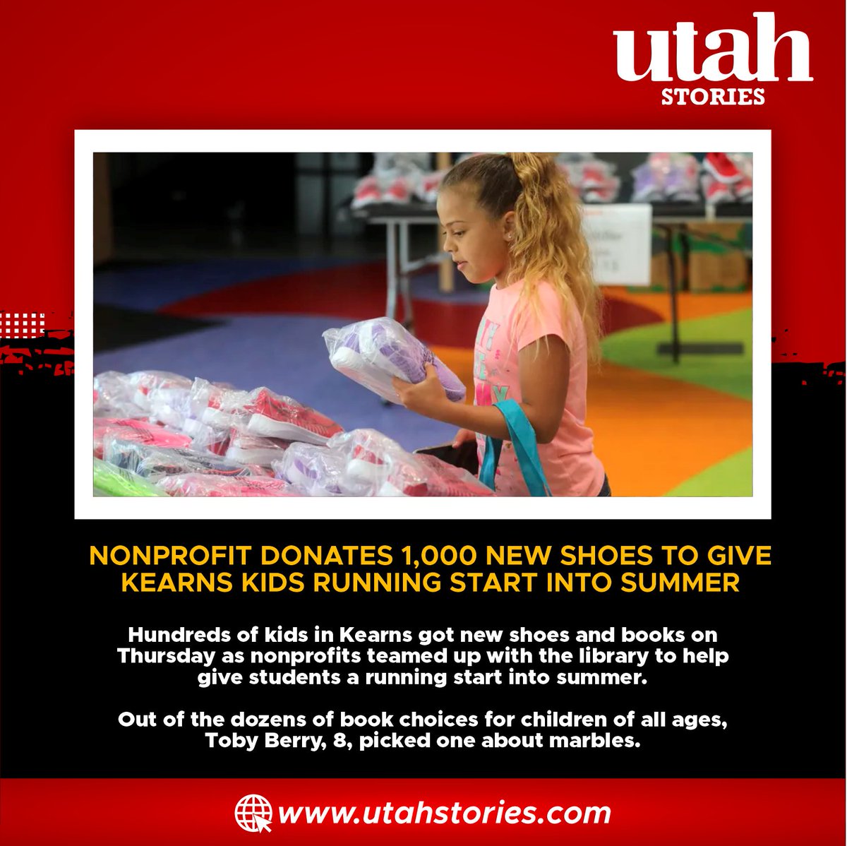 evautahstories's tweet photo. 👟 During the event, the Salt Lake County Library, Operation Warm, Salt Lake County, Molina Cares, the Sorenson Legacy Foundation, Utah Food Bank and the Nora Roberts Foundation expected to donate 1,000 pairs of shoes, 1,000 books and 1,000 bagged lunches to families. https://t.co/kSNLswVgRc