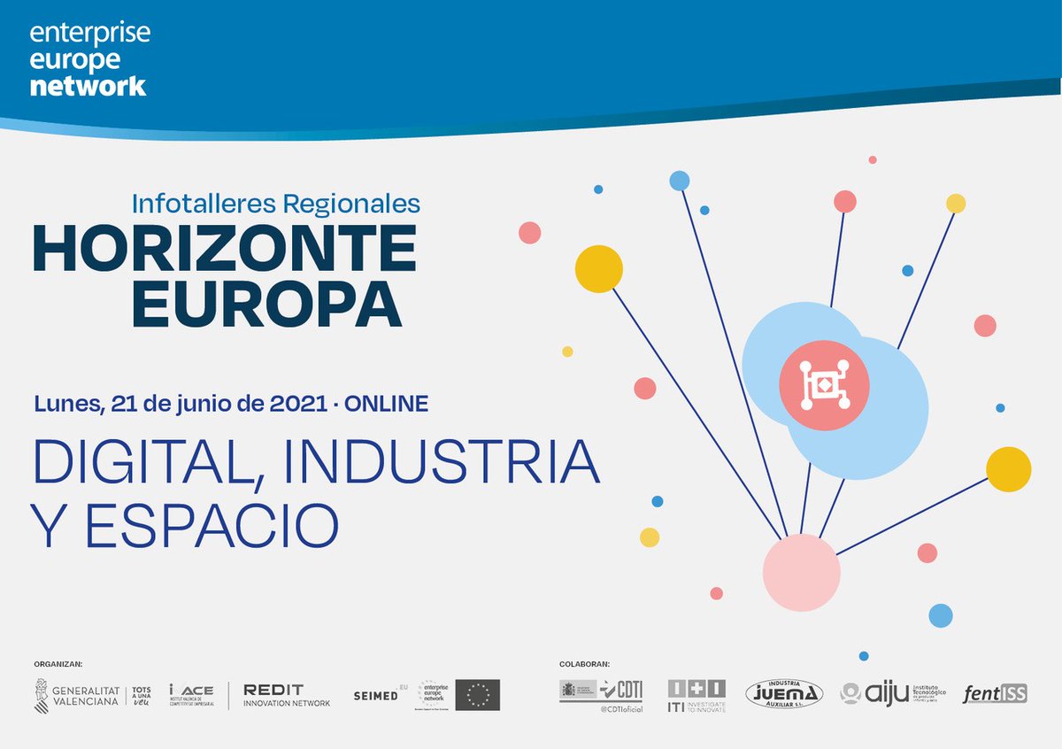 seimedcv's tweet image. 📣Lunes 21
💻#INFOTALLER #HorizonteEuropa
CLÚSTER 4 “DIGITAL, INDUSTRIA Y ESPACIO”
✅realiza preguntas a @CDTIoficial👉 bit.ly/3zsOZx7
✅presenta tu proyecto para captar socios. 
✅solicita revisión de propuestas
👉 bit.ly/3pYCeG7
#EENCanHelp
@GVAivace @Redit_es