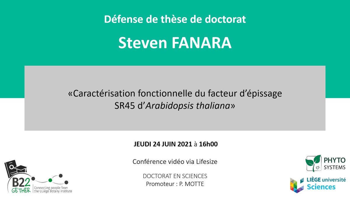 B22Gether's tweet photo. SAVE THE DATE!
Thèse de doctorat JEUDI 24 à 16h
Steven FANARA (@FanaraSteven1) présentera son étude sur la "Caractérisation fonctionnelle du facteur d’épissage SR45 d’Arabidopsis thaliana".
#thesis #Arabidopsis #B22 #uliege https://t.co/r1Rh3WE8Na