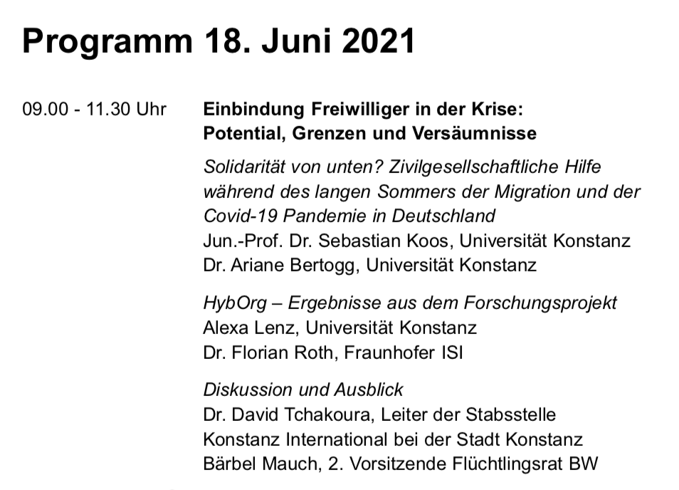 InnoLok Projekt (@innolokprojekt) on Twitter photo Start des zweiten Tags der @HyborgProjekt Abschlusskonferenz zum Thema „Einbindung Freiwilliger in der Krise: Potential, Grenzen und Versäumnisse“. Heute unter anderem mit Beiträgen von <a href="/ariane_bertogg/">Ariane Bertogg</a>, <a href="/lexa_lenz/">Alexa Lenz</a>, #SebastianKoos @unikonstanz & <a href="/Florian_A_Roth/">Florian Roth</a> <a href="/FraunhoferISI/">Fraunhofer ISI</a> ⬇️ Start des zweiten Tags der @HyborgProjekt Abschlusskonferenz zum Thema „Einbindung Freiwilliger in der Krise: Potential, Grenzen und Versäumnisse“. Heute unter anderem mit Beiträgen von <a href="/ariane_bertogg/">Ariane Bertogg</a>, <a href="/lexa_lenz/">Alexa Lenz</a>, #SebastianKoos @unikonstanz & <a href="/Florian_A_Roth/">Florian Roth</a> <a href="/FraunhoferISI/">Fraunhofer ISI</a> ⬇️