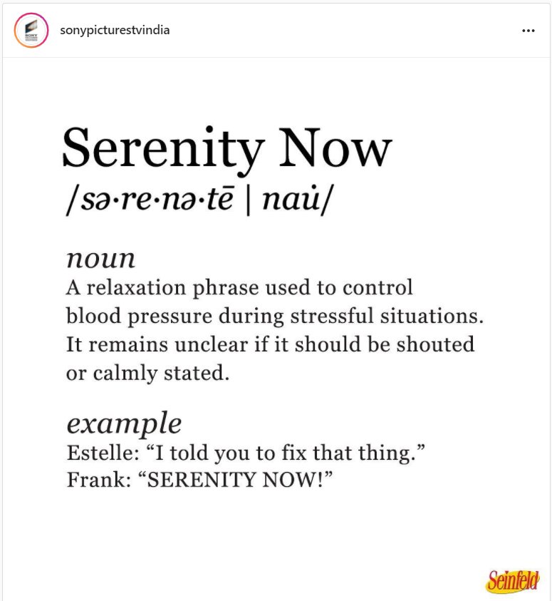 アメコミ映画情報局 謎の投稿 再び インドのソニー ピクチャーズはserenity Now という単語の意味と例文の載った画像をinstagramに投稿しました セレニティ ナウは スパイダーマン ノー ウェイ ホーム のワーキングタイトルの1つですが この