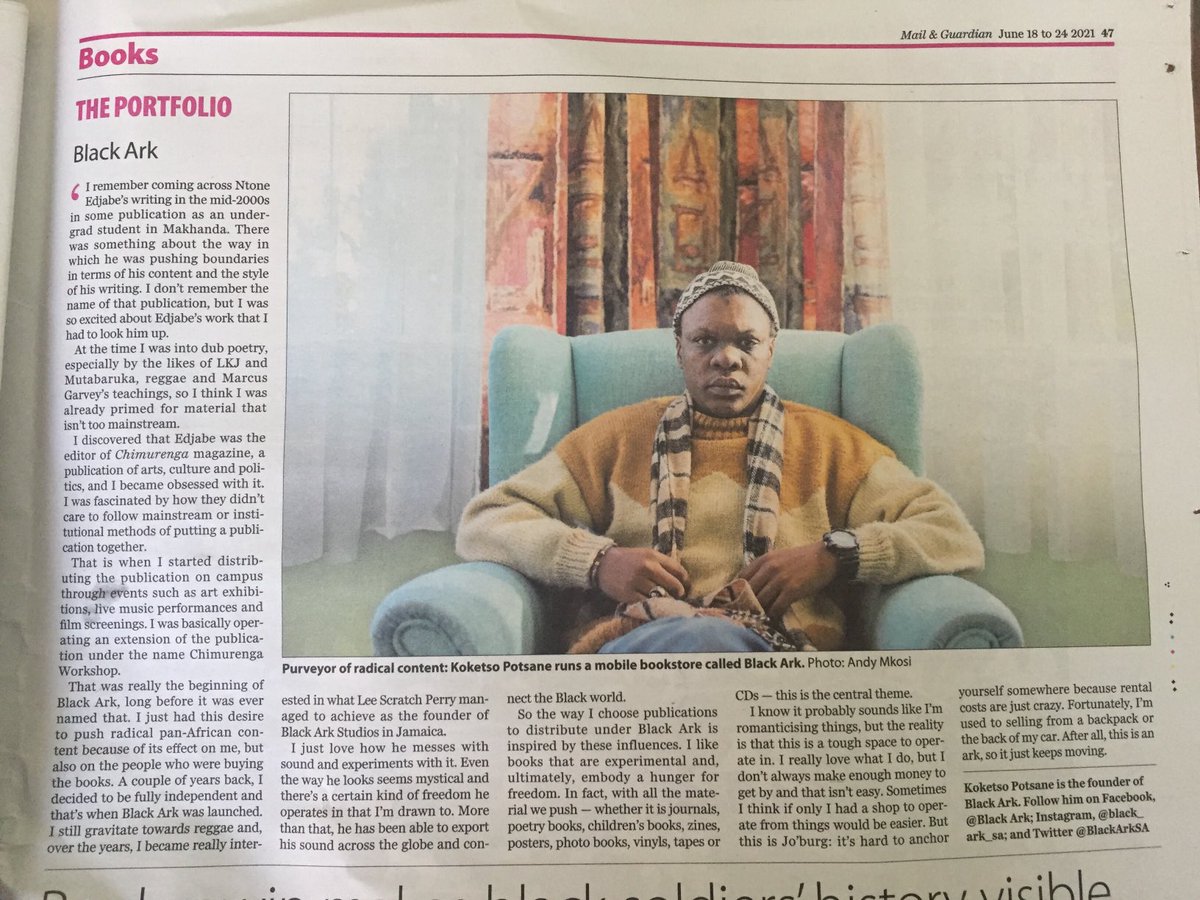 As #BlackArk makes an appearance on page 47 of this week’s #MailandGuardian, wi give thanks to our teachers; Lee Scratch Perry, LKJ, Mutabaruka and Ntone Edjabe. Most of all wi give thanks to you Africans in Africa and beyond for your support.

Wi are what wi are

Blakk wi Blakk!