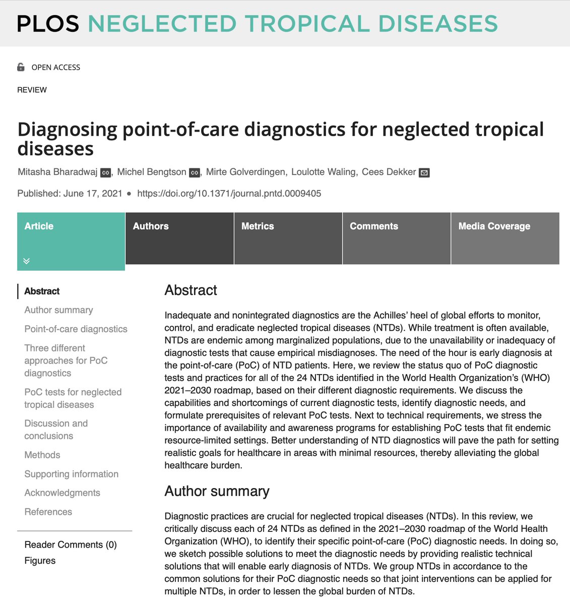 cees_dekker's tweet photo. 'Diagnosing point-of-care diagnostics for neglected tropical diseases'

Latest #CDlab paper online in @PLOSNTDs: https://t.co/UOSFtb2gOz

Here, lead authors @mitashabharadw &amp;  MichelBengtson et al review point-of-care diagnostics for the many horrible neglected tropical diseases. https://t.co/eDd5jz6MzU