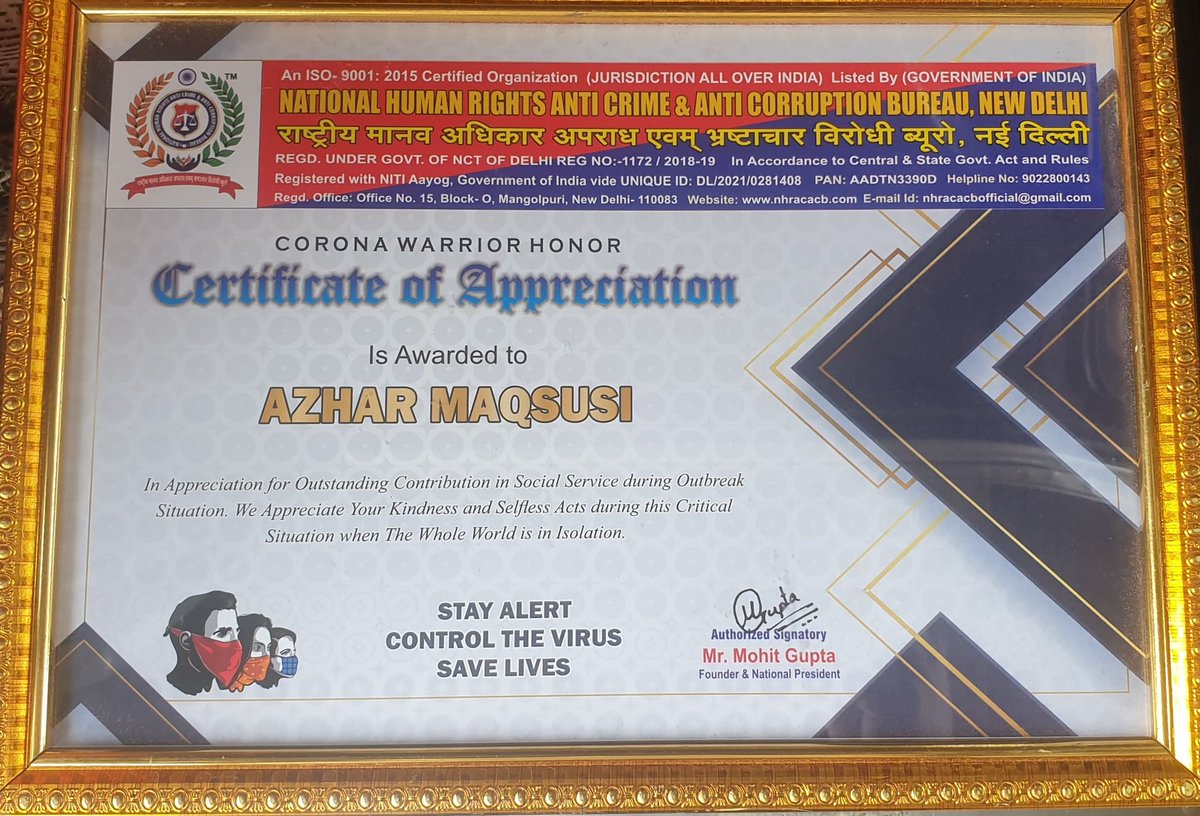 azhar_maqsusi's tweet photo. Thanks  to ( National Human Rights Anti Crime &amp; Anti corruption Bureau New Delhi )

Congratulations to All my dear friends 
Ye Award bhi meri Maa aur aap sub social media friends k Naam  :) https://t.co/fIFuUTXKfc