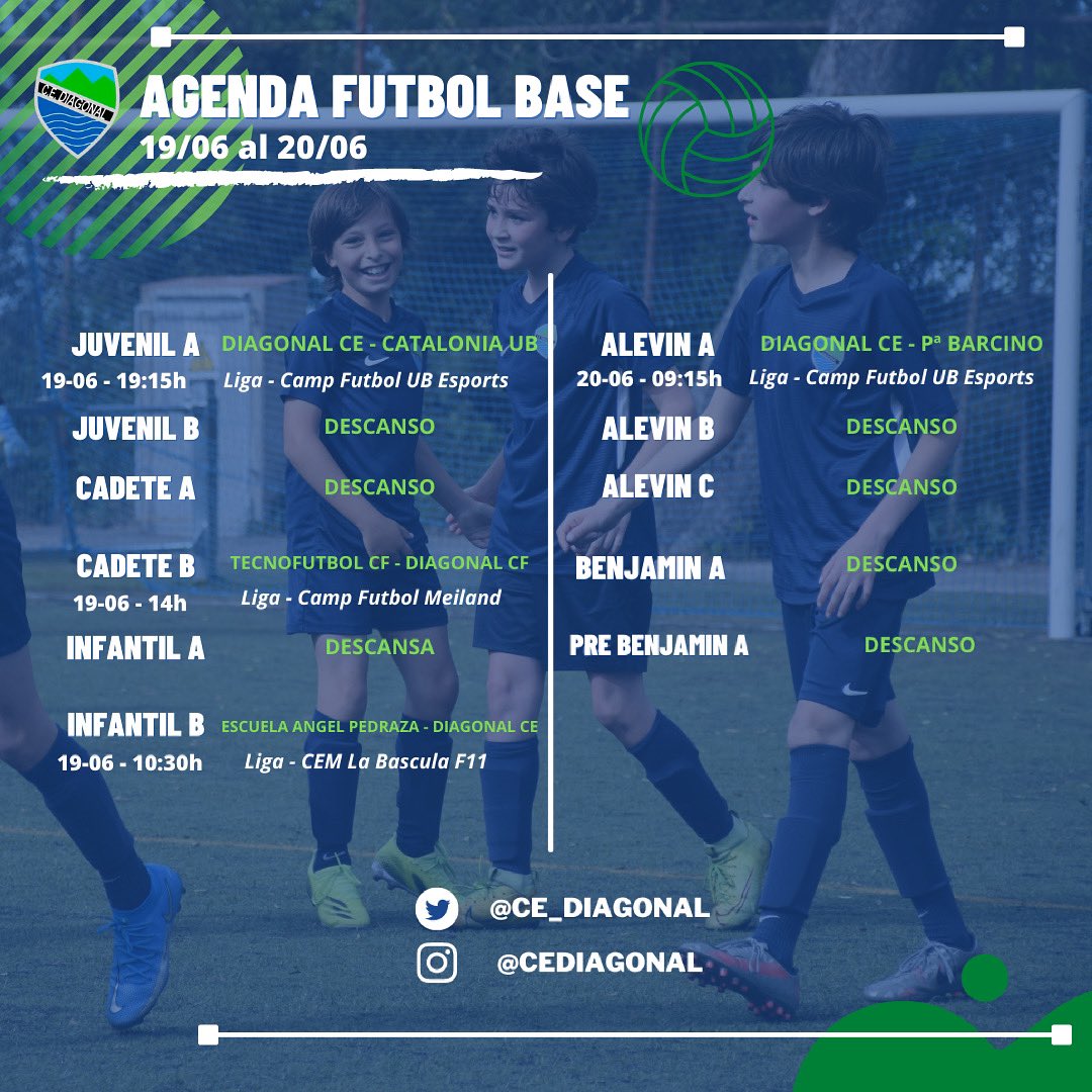 ce_diagonal's tweet image. 🔷 Agenda fin de semana 19-20 Junio🔷

Con estos partidos afrontamos el fin de semana desde el Diagonal CE.

¡Mucha suerte a todos!🤙⚽️

¡Disfrutad!😉

#futbolcat #SomDiagonal #futcat #futbolbase
