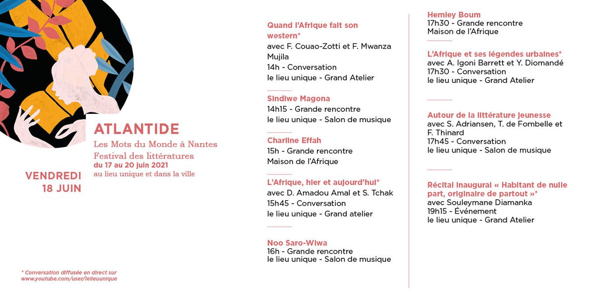 VENDREDI 18 juin || Retrouvez toute la programmation du jour : atlantide-festival.org/edition-2021/v…
#atlantide2021 #SaisonAfrica2020
Une coproduction <a href="/LaCiteNantes/">La Cité Nantes</a>  // <a href="/lelieuunique/">le lieu unique (compte inactif)</a> 
Labellisée @SaisonAfrica20
