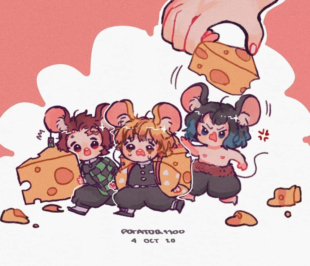 kamado tanjirou animal ears mouse ears food multiple boys cheese demon slayer uniform 3boys  illustration images