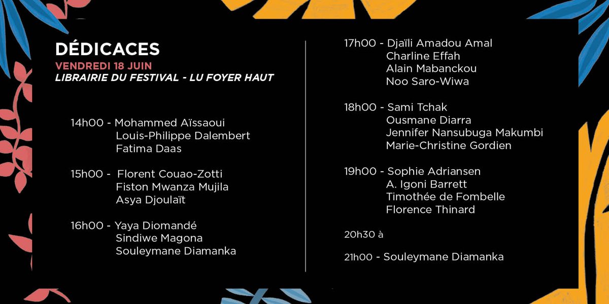 DÉDICACES || Voici les dédicaces du jour ! RDV dans la librairie du festival, au lieu unique (Foyer haut).
Retrouvez tout le planning : atlantide-festival.org/edition-2021/d…
#atlantide2021 #SaisonAfrica2020
Coproduction <a href="/LaCiteNantes/">La Cité Nantes</a>  // <a href="/lelieuunique/">le lieu unique (compte inactif)</a> 
Labellisée @SaisonAfrica20