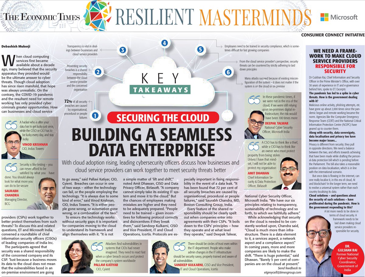 With cloud adoption rising, leading cybersecurity officers discuss how businesses and cloud service providers can work together to meet security threats better <a href="/GulshanRai_/">#Gulshan Rai</a> <a href="/birlasoft/">Birlasoft</a> <a href="/icertis/">Icertis</a> <a href="/indus_ltd/">Indus Tower India Ltd.</a> <a href="/Cyient/">Cyient</a> <a href="/BCG/">Boston Consulting Group</a> <a href="/MicrosoftIndia/">Microsoft India and South Asia</a> <a href="/alokeshb/">Alokesh Bhattacharyya</a> <a href="/suchetanaray/">Suchetana Ray</a>