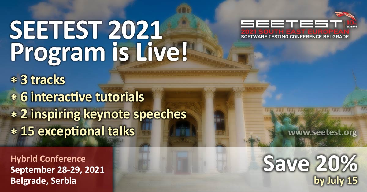 We are so excited to announce SEETEST 2021’s Program is now live!With tutorials from Paul Gerrard,Pablo Garcia Munos,Clive Bates,Alon Linetzki,Michael Pilaeten and Graham Bath, and three tracks of sessions and keynotes on Day 2.Check out the program here: bit.ly/2S5MeRu