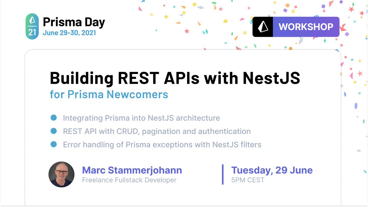 mrcjln's tweet photo. 🎓 I'm excited to host a workshop about @nestframework 😺 and @prisma.

We will cover:
✅ Integrating Prisma into NestJs
✅ REST API with CRUD, pagination and authentication
✅ Error handling of Prisma exceptions

🗓 29 June, 5pm CEST

👉 Sign up here: https://t.co/jBsxvi03ZR https://t.co/y5WOlVjxFV