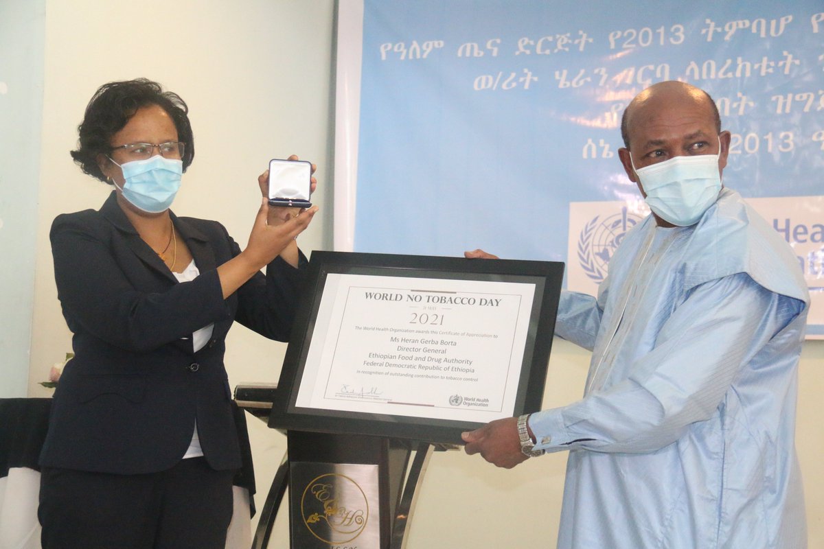 Congratulations Ms <a href="/HeranGerba/">Heran Gerba</a>, Director General for Ethiopian Food and Drug Authority (FDA) for receiving the 2021 World No Tobacco Day Award for your contribution to tobacco control in #Ethiopia through your leadership role at #EFDA. 1/2 
#WNTD