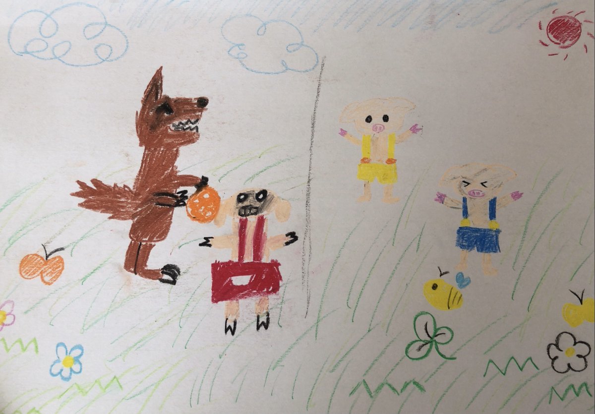 江南市社会福祉協議会 V Twitter ３びきのこぶた ふくし童話 グループ 児童が描いた最後の結末 家は狭いから 外でドッジボールをしよう 江南市社協 イラスト 絵 紙芝居 遊びのルールはしっかり守るオオカミさん