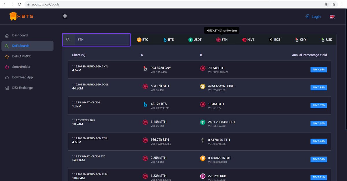 SmartHoldem #DeFi Pools on app.xbts.io
XBTS DeFi #Wallet allows you to find the best #SmartHoldem $STH liquidity pools, review historical returns for #liquidity providers, explore trading activity, #stake to pools and #earn rewards. 

#cryptonews #definews #technews