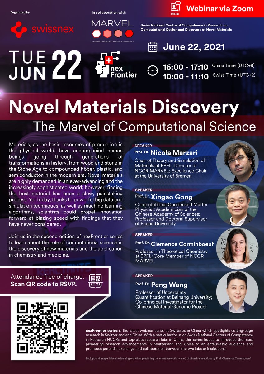 nccr_marvel's tweet photo. Don't miss the chance to hear MARVEL's @corminboeuf_lab and @nicola_marzari speak on Novel Materials Discovery in next Tuesday's Zoom webinar. Attendance free of charge. @swissnexChina #nexFrontier https://t.co/EIIO8aGDsI