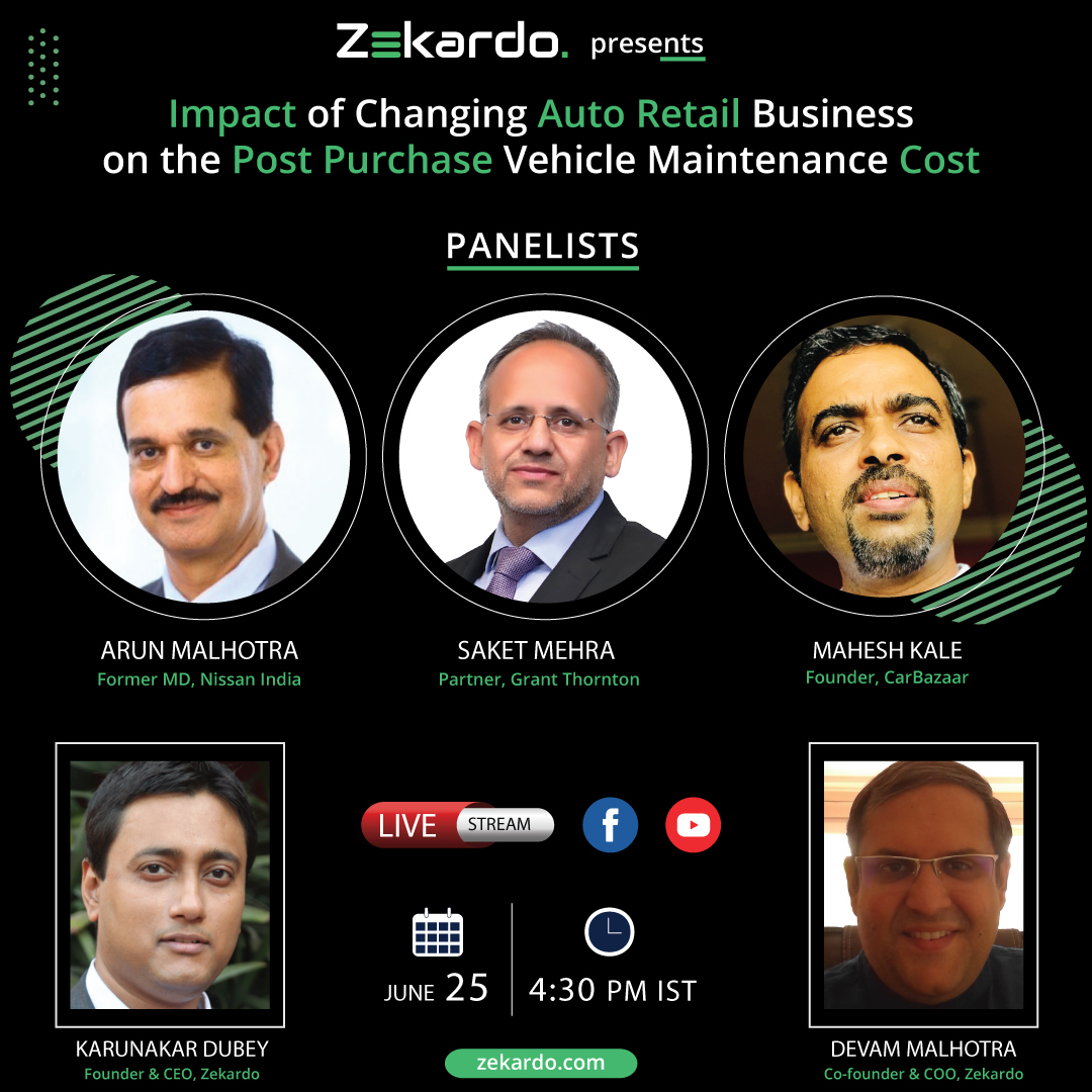 Join us along with an elite panel of India’s top automotive professionals to discuss the “Impact of Changing Auto Retail Business on the Post Purchase Vehicle Maintenance Costs”.  
Join us Fri, June 25th 2021 @ 4:30 pm
Youtube: youtube.com/channel/UCQWkd…
FB: facebook.com/zkardocarservi…