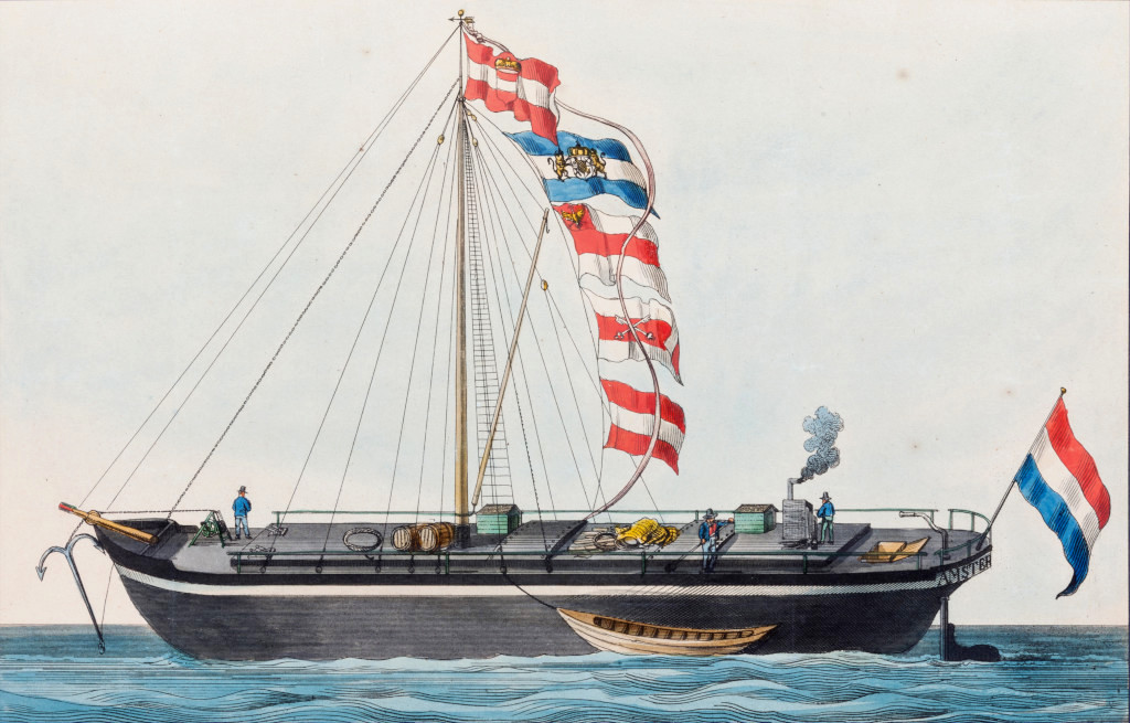 Der kolorierte Kupferstich bildet ein Schiff mit schmucklosem eisernem Rumpf ab. Es Der Anker ist hochgelassen, das Beiboot an der Seite vertäut. Auf dem Deck befinden sich neben wenigen Fässern, einer kleinen Hütte und einem Ofen nur einzelne Staffagefiguren. Der Mast ist reich beflaggt, dient jedoch vorrangig als Befestigung für Schlepp- und Treidelleinen. Auch am Heck prangt die niederländische Flagge.