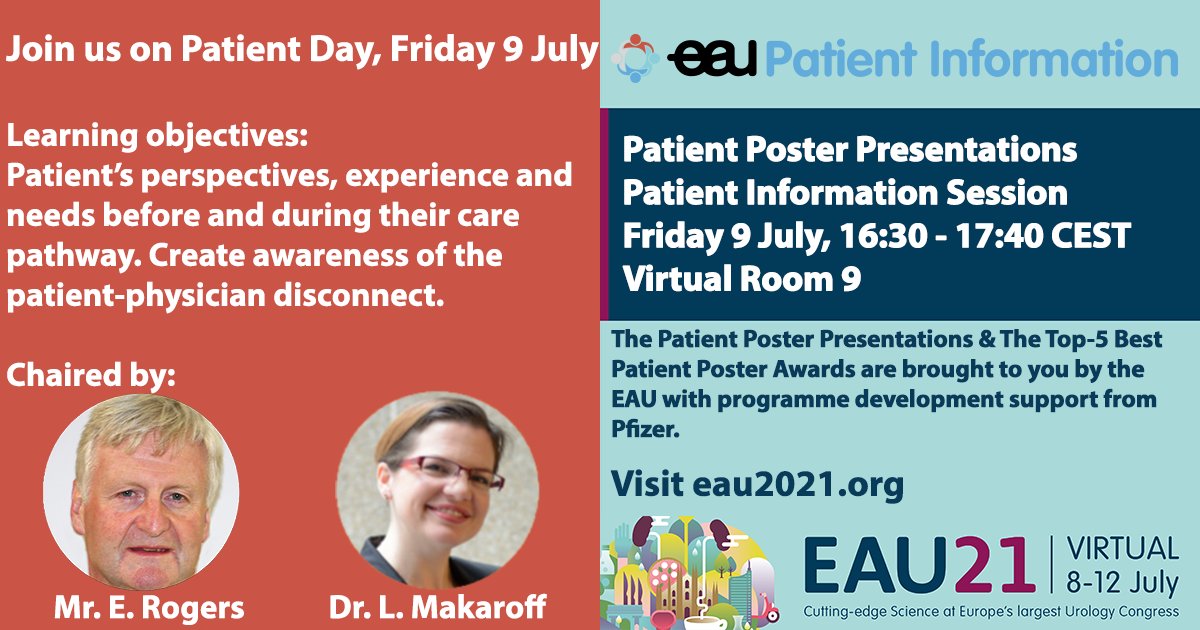 EauPatient's tweet photo. Don’t miss our #EAU21 Virtual Patient Poster Session! Learning objectives: #patientsexperience and #patientsneeds before and during their #carepathway, and the #PatientPhysician disconnect. Chairs: Mr. E. Rogers and @lydiamakaroff.
👉https://t.co/uriPu7UJ0A
@Uroweb #EAUPI https://t.co/4dqPLvSUTP