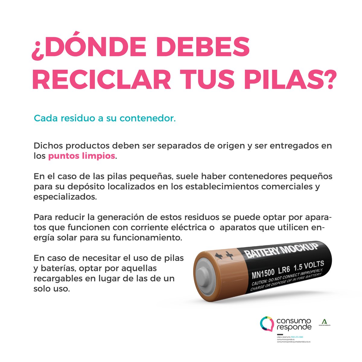 consumoresponde's tweet image. 🔋 ¿Sabes por qué no deberías tirar las #pilas a cualquier contenedor?

Contienen componentes tóxicos que la convierten en un residuo muy contaminante y peligroso para nuestra salud y el medio ambiente, sobre todo si alcanzan el agua💧

👉 bit.ly/3iJFJim
@AndaluciaJunta