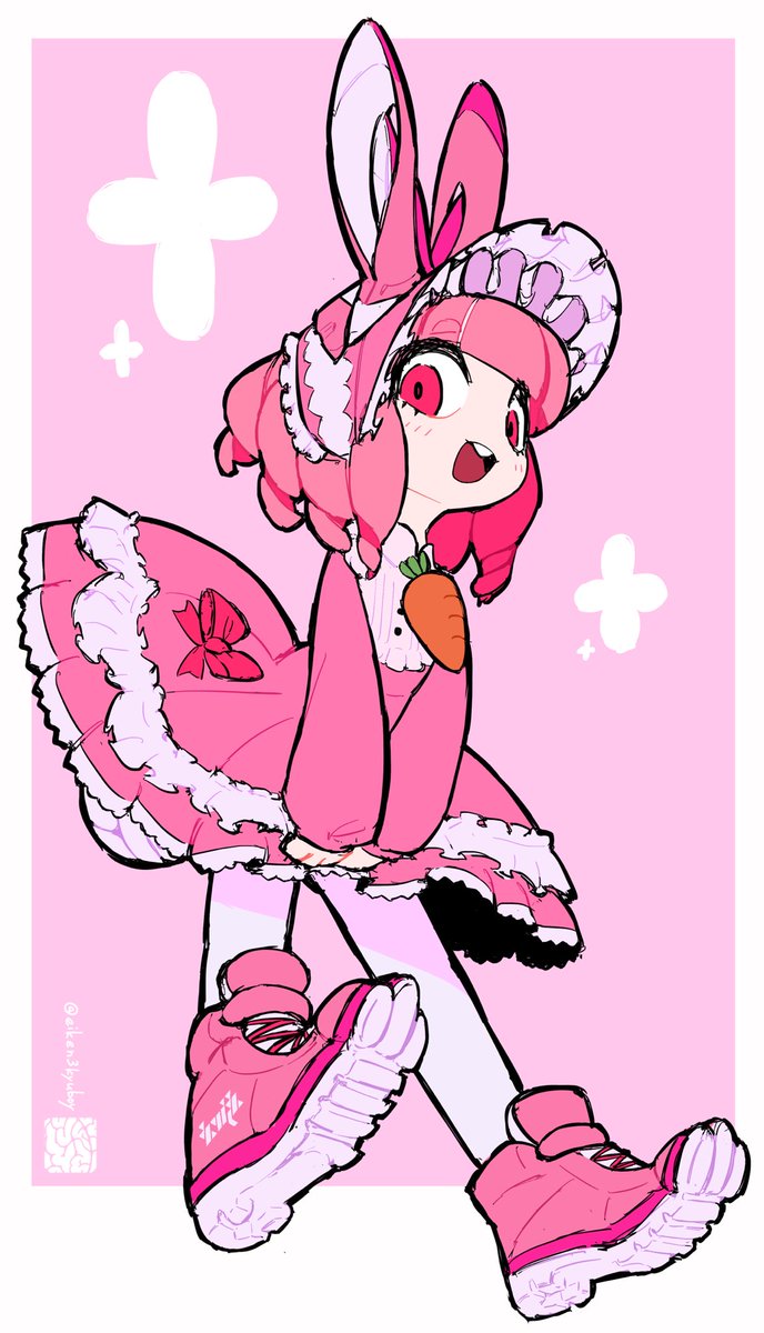 1girl solo rabbit ears pink eyes pink footwear pink hair pink dress  illustration images