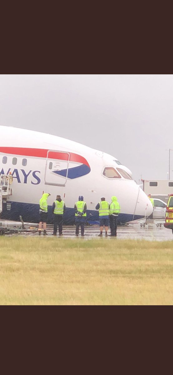 999London's tweet photo. BREAKING: A British Airways Boeing 787 Dreamliner has suffered a ‘nose gear collapse’ at #HeathrowAirport. 

The airports fire service is dealing with the incident. 

📸@MZulqarnainBut1 https://t.co/bbZdQmBDdT