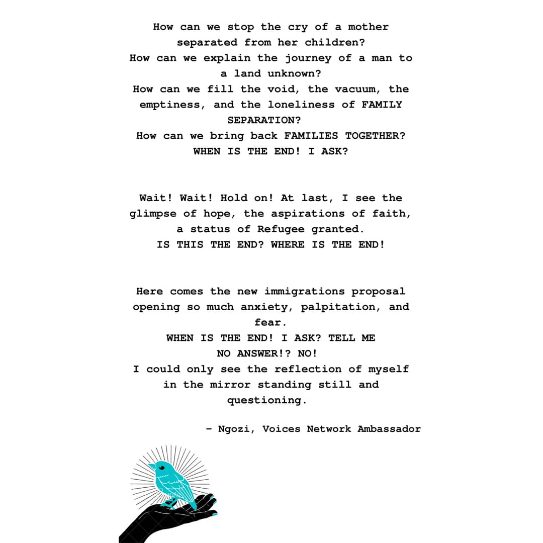 FamTogetherCo's tweet image. We are delighted to share with you this beautifully written poem by Ngozi, a @VOICESNetworkUK Ambassador. Please share Ngozi’s poem, which highlights the pain of being separated from family members, the indefinite waiting period to be reunited with loved ones #FamiliesTogether