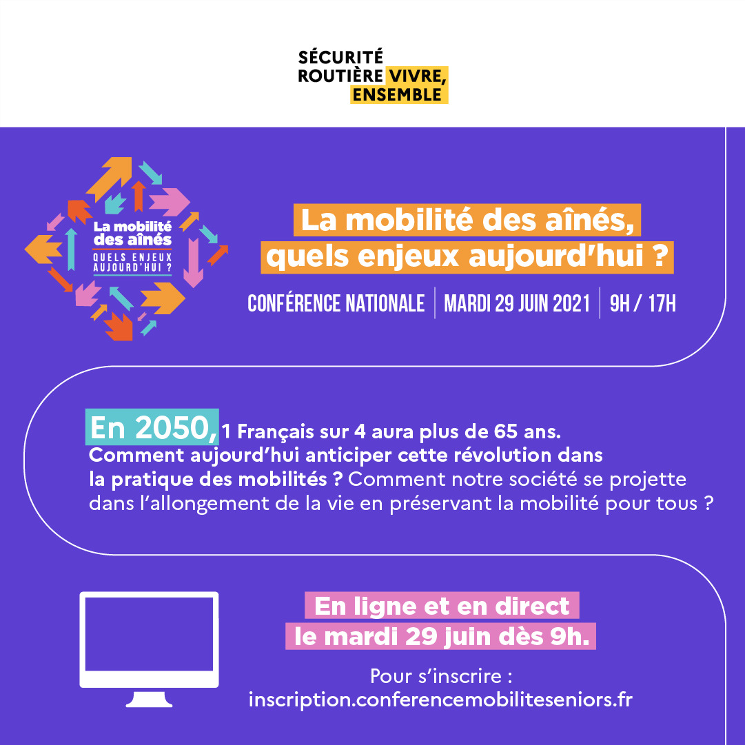 "La mobilité des #aînés, quels enjeux aujourd'hui ?", une conférence nationale retransmise en ligne et en direct le mardi 29 juin de 9h à 17h. Vous pouvez vous inscrire gratuitement ici 👉 bit.ly/35uhVXU