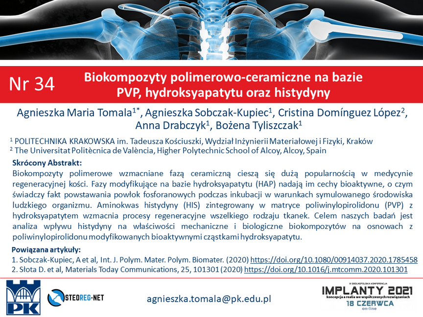 TomaAgnieszka's tweet photo. Zapraszamy do obejrzenia posteru (nr 34) pt.: Biokompozyty polimerowo-ceramiczne na bazie PVP, hydroksyapatytu oraz histydyny na Konferencji 
@K_IMPLANTY  #Implanty2021 #PolitechnikaKrakowska #Biomateriały https://t.co/0Q0V2u64ks