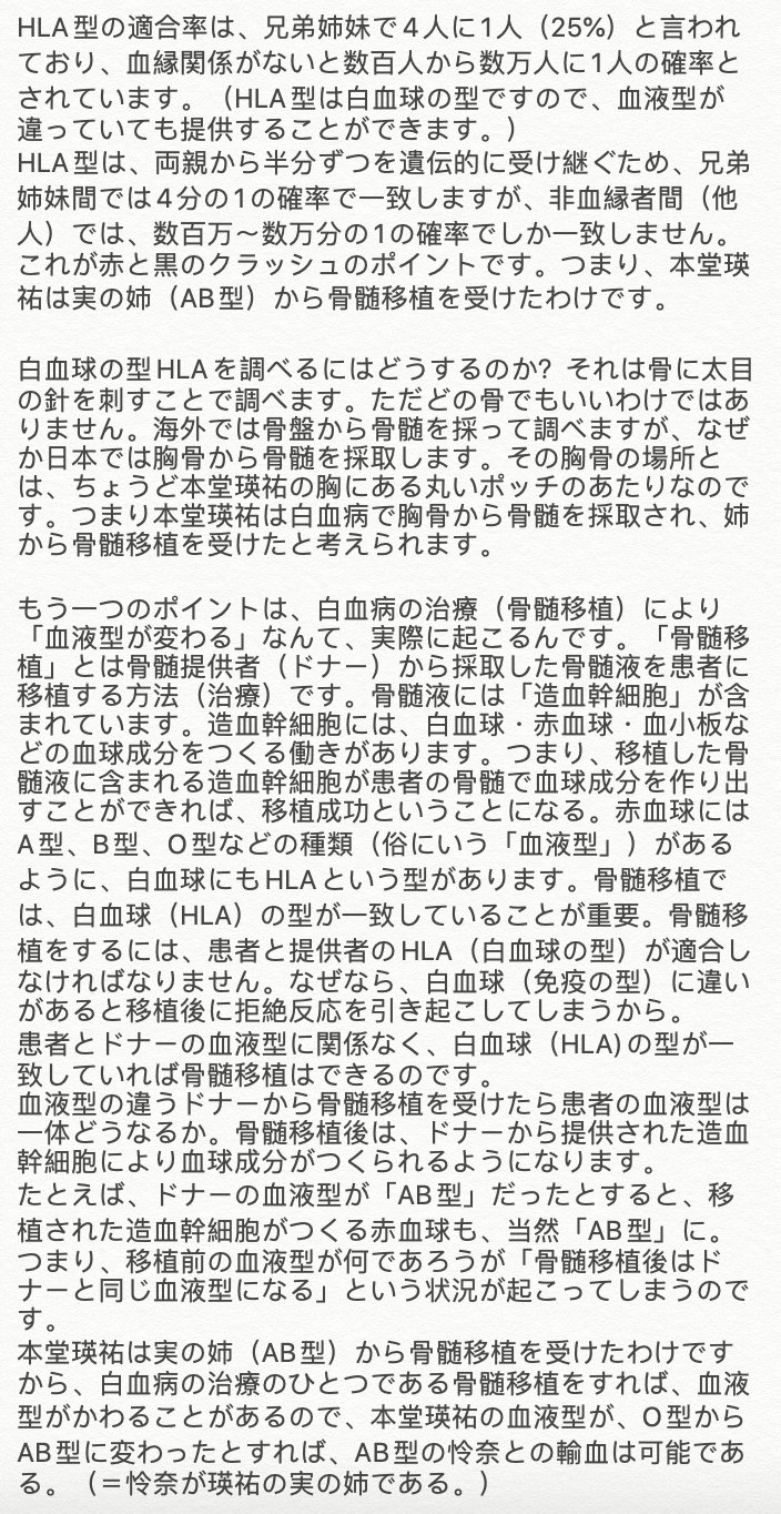 令和のシャーロック ホームズ ４８６９ Al Twitter つまり本堂瑛祐は白血病で胸骨から骨髄を採取され 姉から骨髄移植を受けたと考えられます もう一つのポイントは 白血病の治療 骨髄移植 により 血液型が変わる 可能性があります 骨髄移植 とは骨髄提供
