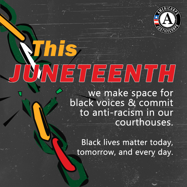 ILJusticeCorps's tweet photo. May this Juneteenth be a celebration of freedom and continual advocacy for black lives. As we reckon with the history of enslaved peoples in the United States, we make space for black voices and anti-racism in our courthouses today and every day. https://t.co/zsTPBduJ6B