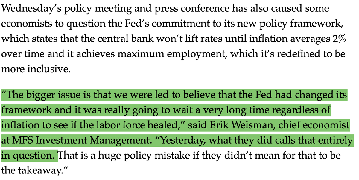 Following up on may thread yesterday on Wednesday's #FOMC meeting. When you start seeing quotes like this, especially from a level-headed economist like Erik, you know that the Fed messed it up. From a BBG story by @catarinasaraiva and @ctorresreporter. twitter.com/R_Perli/status…