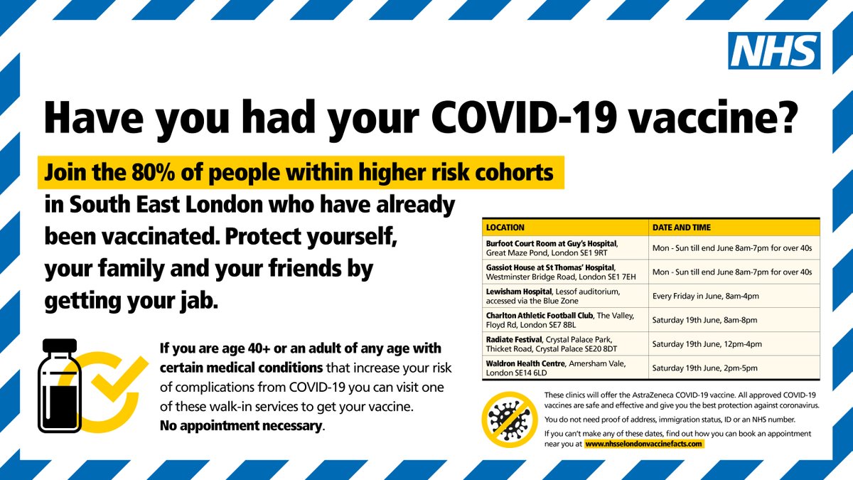 Have you had your COVID-19 vaccine? If you're aged 40+ you can visit any any of these walk-in centres in South East London without an appointment. You do not need proof of address, immigration status, ID or an NHS number nhsvaccinefacts.com