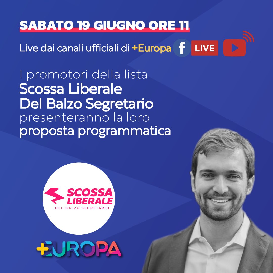 ⚡️Scossa in Diretta 📺

🎚Live dai canali ufficiali di #PiùEuropa, siamo in diretta per presentare la nostra lista “Scossa liberale - Del Balzo Segretario” 

Quando❓ 👉Sabato 19 Giugno, ore 11

#delbalzosegretario #scossaliberale