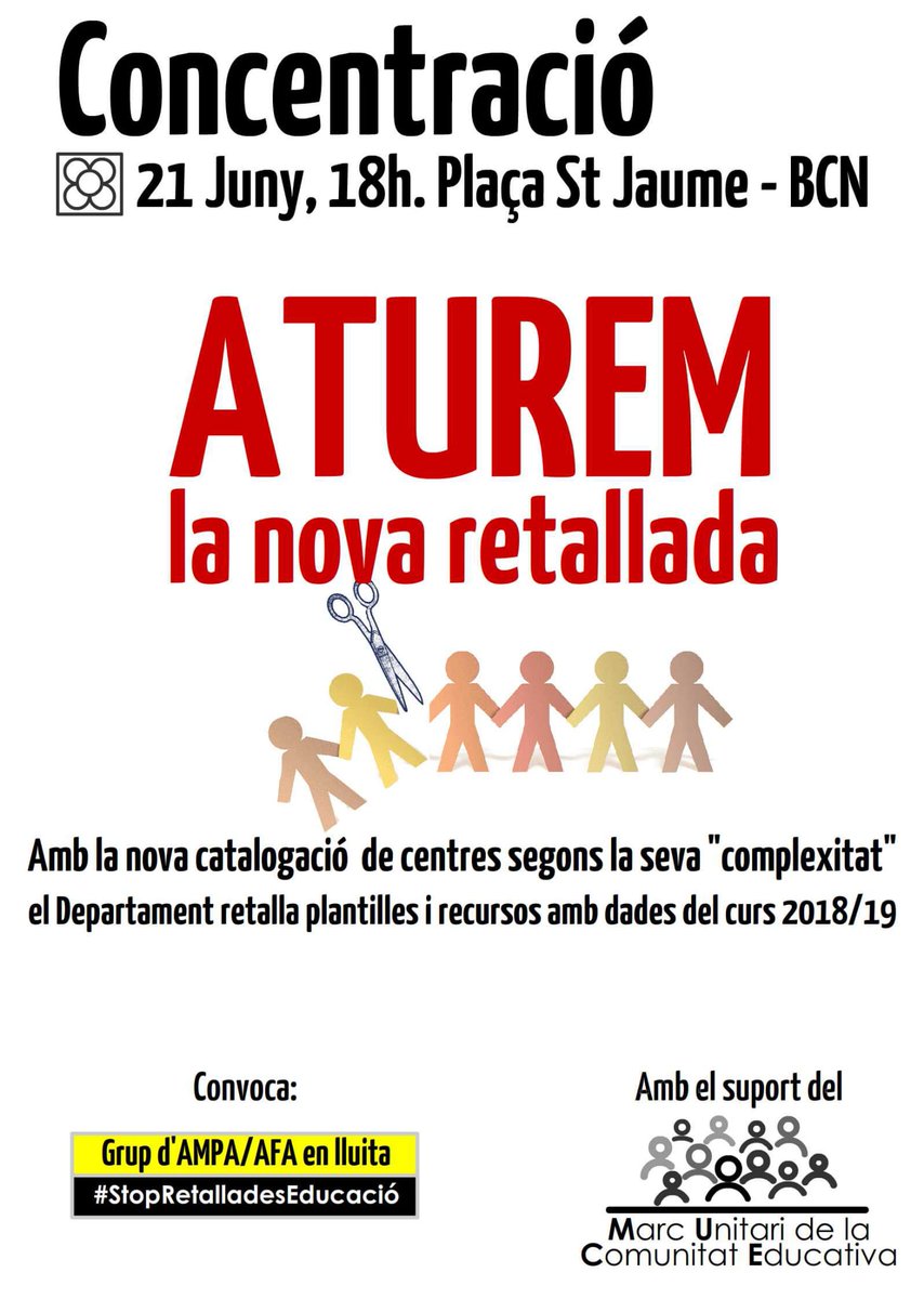 affac_cat's tweet photo. 📣 CONCENTRACIÓ: Aturem la nova retallada #StopRetalladesEducacio

📅 21 de juny
🕑 18h
📍   Plaça Sant Jaume

❌ Amb la nova catalogació de centres segons la seva "complexitat" el Departament retalla plantilles i recursos. https://t.co/2I19qHmbUw
