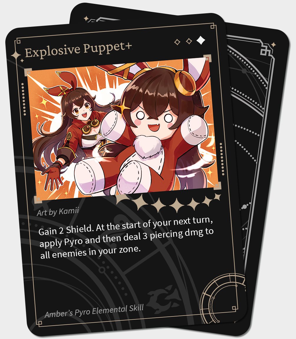 HoYoTabletop's tweet photo. Are you excited for our closed beta??? 👀

R/T and follow for a chance to win a set of prototype cards~

Amber card art by @hakakamiiii 
Action card templates by @bucketman666 

 #GenshinImpact #原神 https://t.co/2ZbSXl7aP5