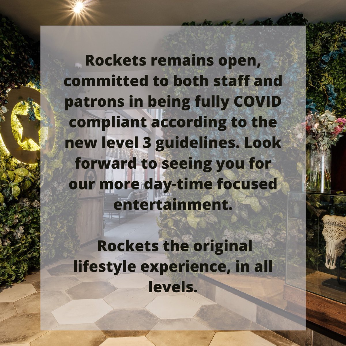 PSA to all our Rockets patrons 🚀,

More day-time fun whilst we comply with COVID REGULATIONS AND PARAMETERS, for your safety.

#itsalifestyle #dayvibes #covid_19 #safetyfirst #regulations