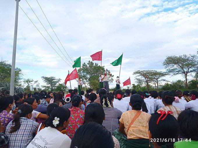 Basic Education General Committee Strike and locals of northern Myaing Tsp joined together to protest against military dictatorship and its slavery education system. #June18Coup #WhatsHappeningInMyanmar