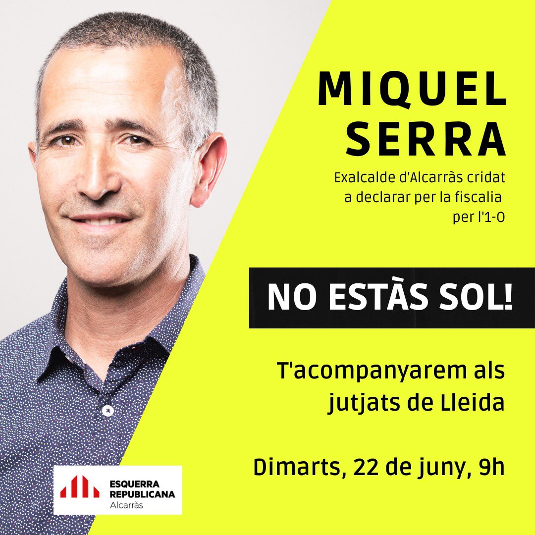 Dimarts 22 el nostre company i Alcalde d’#Alcarràs durant el #Referèndum, 
<a href="/mserragodia/">Miquel Serra Gòdia</a> està citat al jutjats de #Lleida per defensar el dret a decidir i les urnes🗳.

Acompanyem-lo‼️ l’#1Oct som totes les que vam defensar les urnes! ✊✊ 
#Amnistia #Autodeterminació #Llibertat