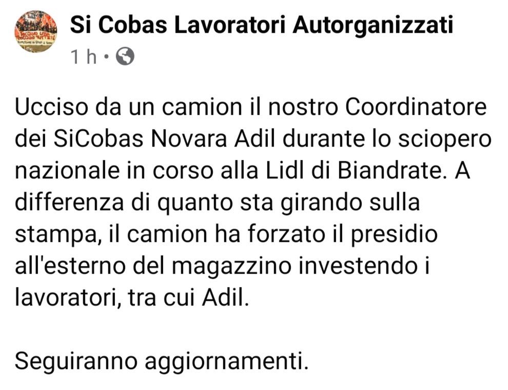 Checa19Erica's tweet photo. Adil è morto questa mattina, ucciso durante un picchetto ai magazzini Lidl: un camion lo ha travolto e schiacciato. Non ci sono parole per descrivere il dolore e la rabbia che tutti proviamo nel vedere morire un compagno in lotta.
Pagherete caro, pagherete tutto https://t.co/Xrgz1JdnEG